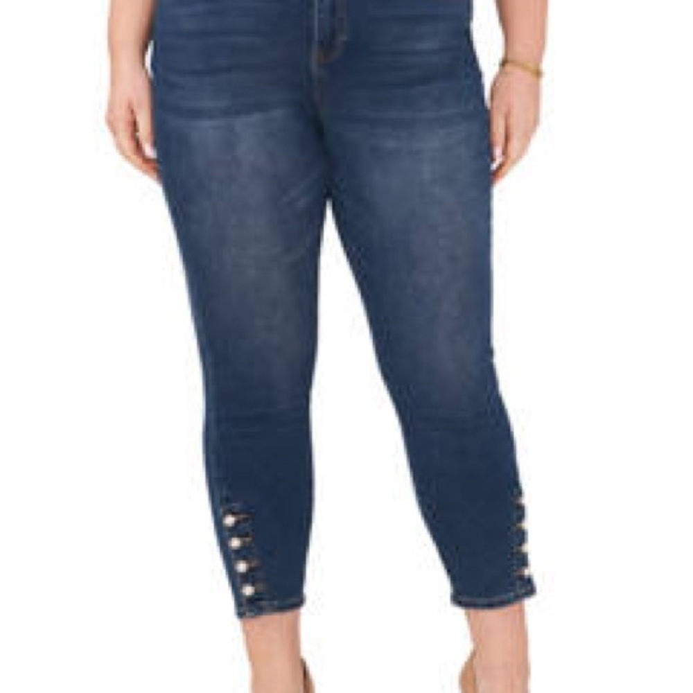 CeCe Plus Size High-Rise Indigo Denim Pearl Button Hem Skinny Jeans 24W - Picture 6 of 7